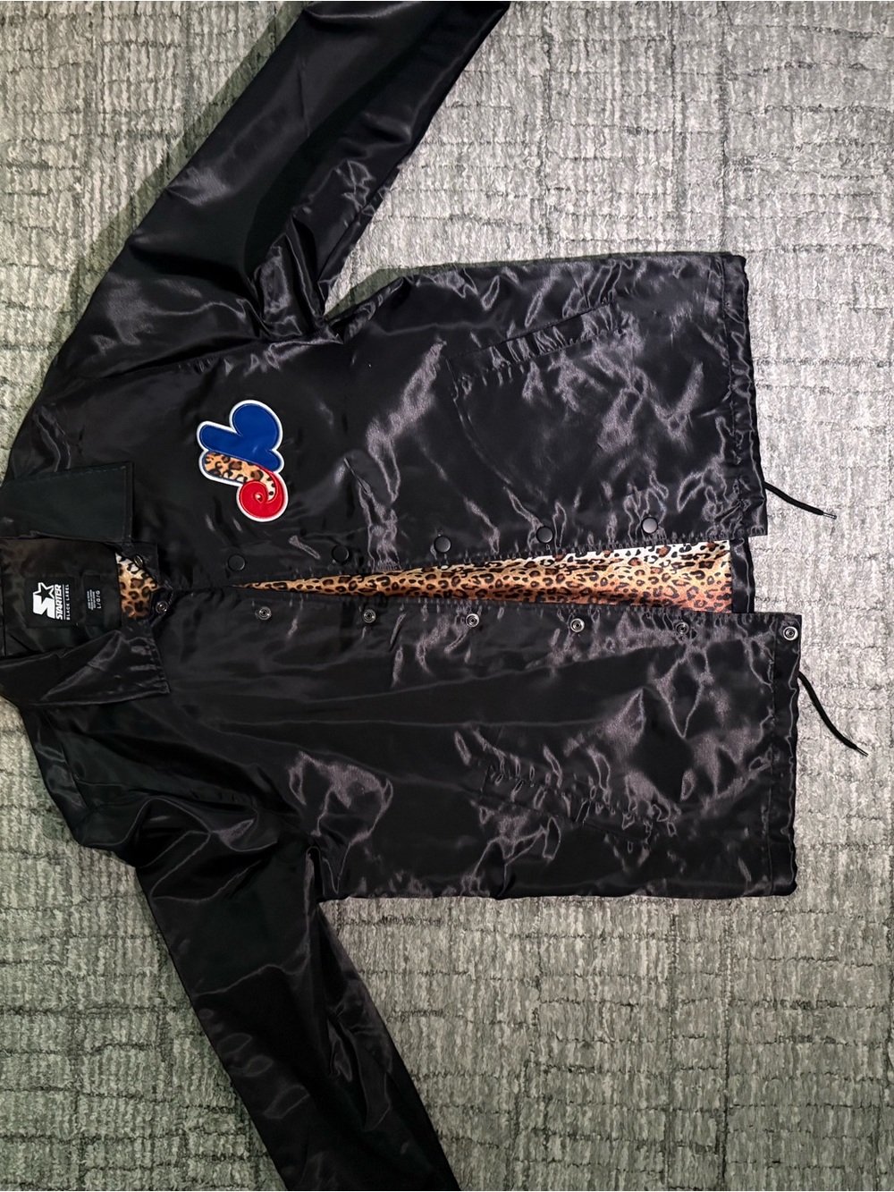Black Label Black Satin Jacket with Leopard Lining and Red & Blue Patch